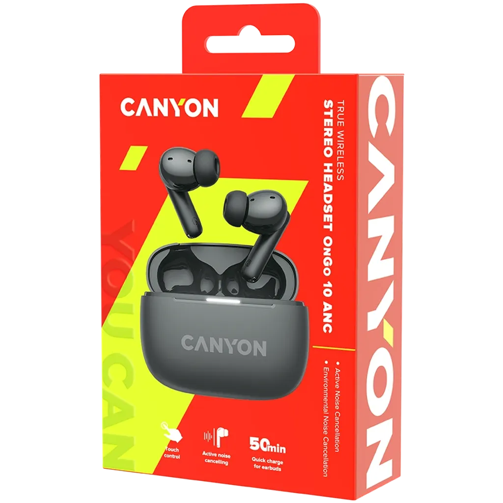 CANYON OnGo 10 ANC TWS bezvadu austiņas, Bluetooth 5.3, tumši