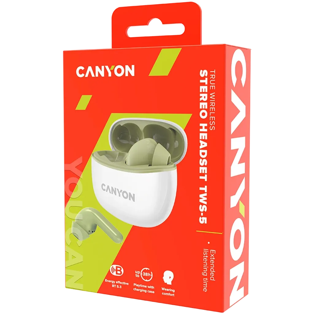 CANYON TWS-5 TWS bezvadu austiņas, Bluetooth 5.3, 38 h, zaļas