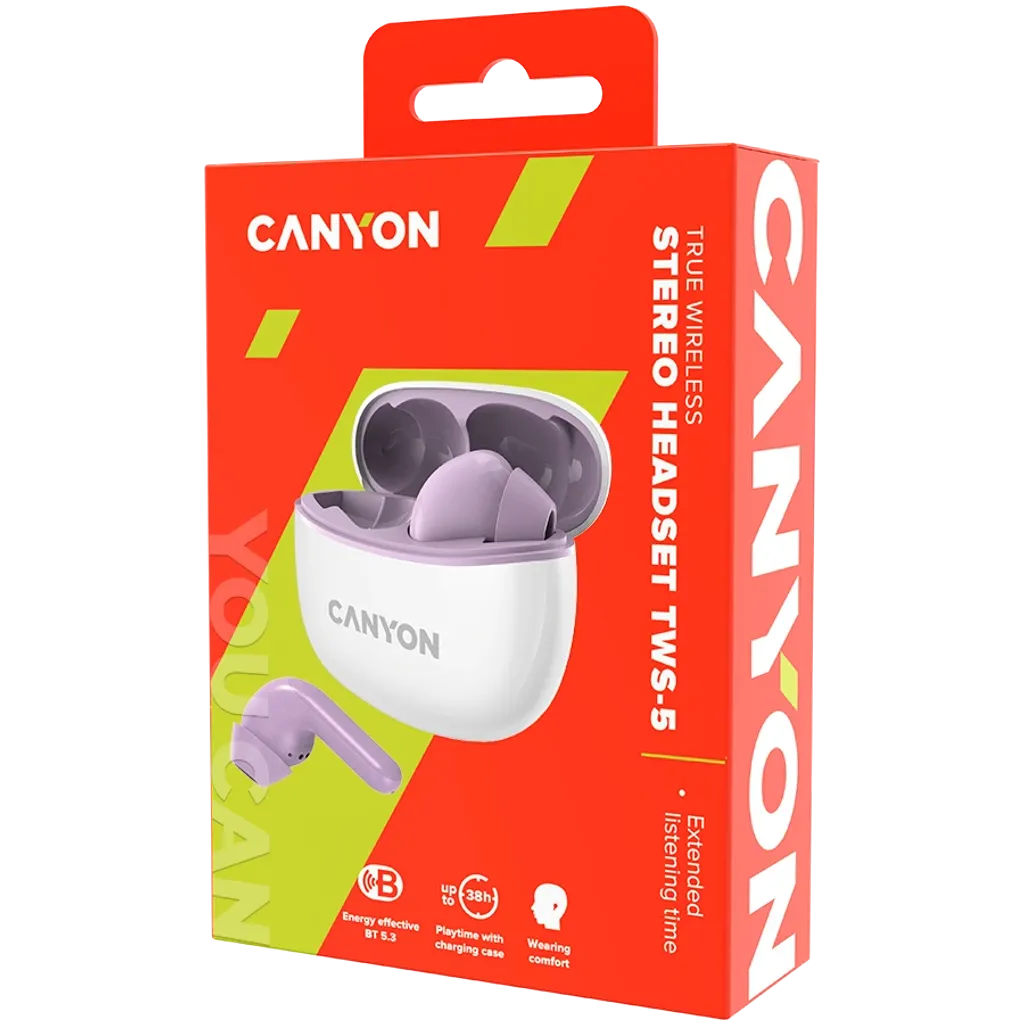 CANYON OnGo 10 ANC TWS bezvadu austiņas, Bluetooth 5.3, 38 h, violetas