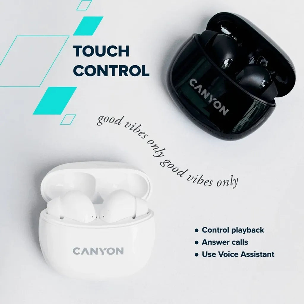 CANYON OnGo 5 TWS bezvadu austiņas, Bluetooth 5.3, 38 h, baltas