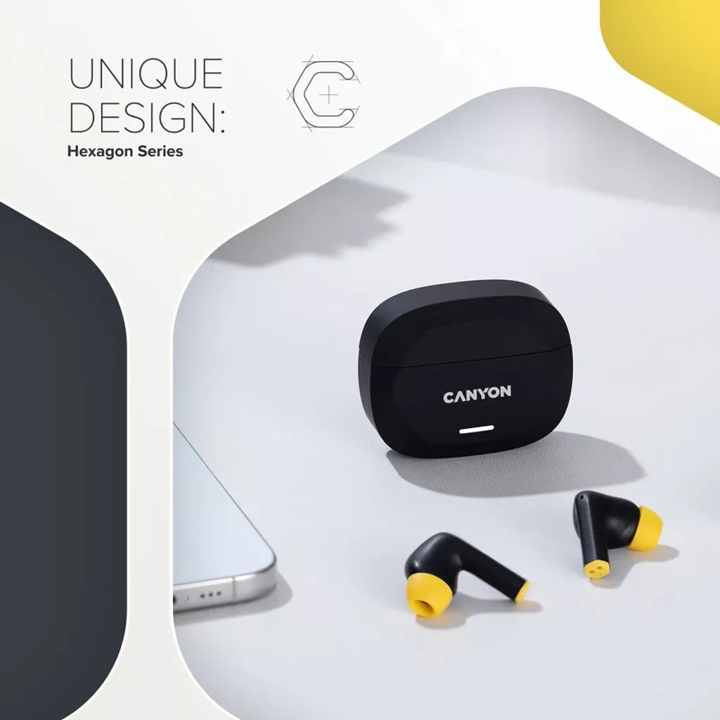 CANYON austiņas HEXAGON 7 TWS ANC+ENC bezvadu uzlāde melni/dzelteni