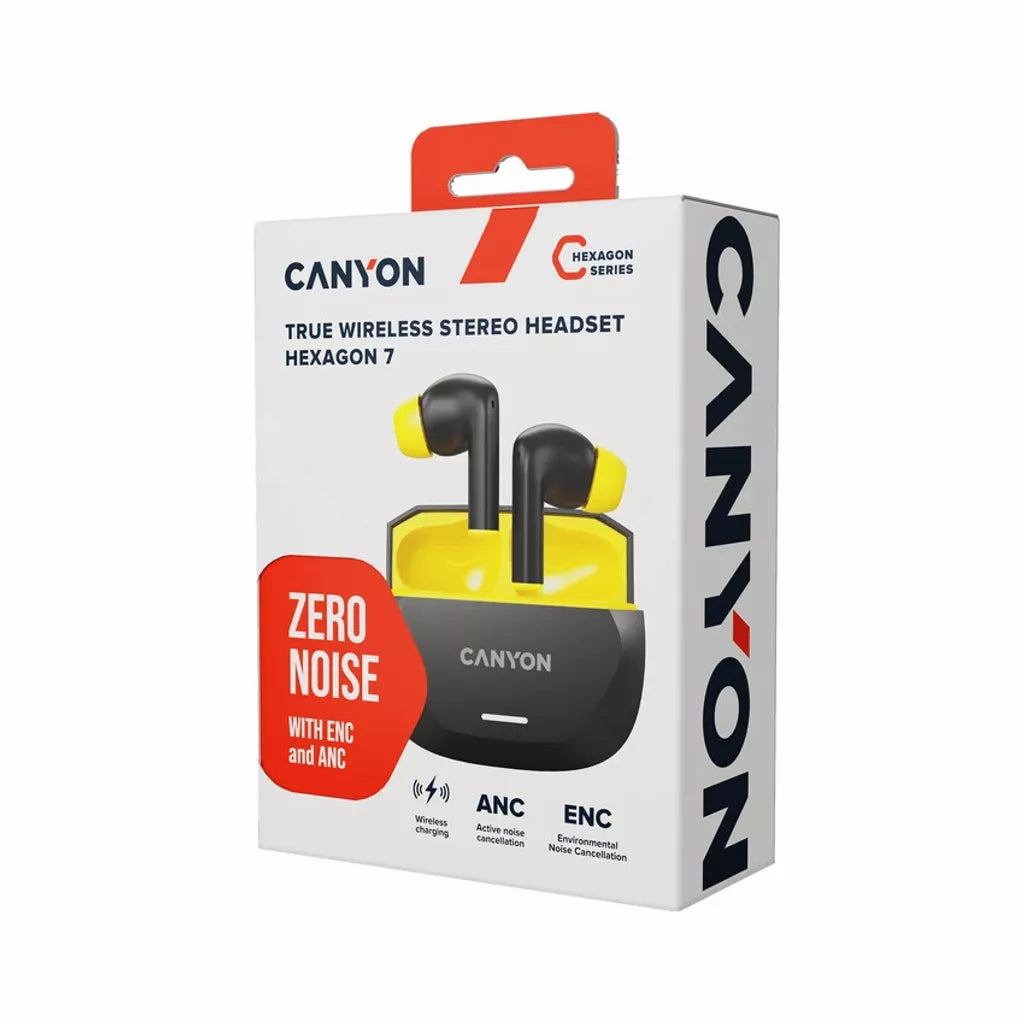 CANYON austiņas HEXAGON 7 TWS ANC+ENC bezvadu uzlāde melni/dzelteni