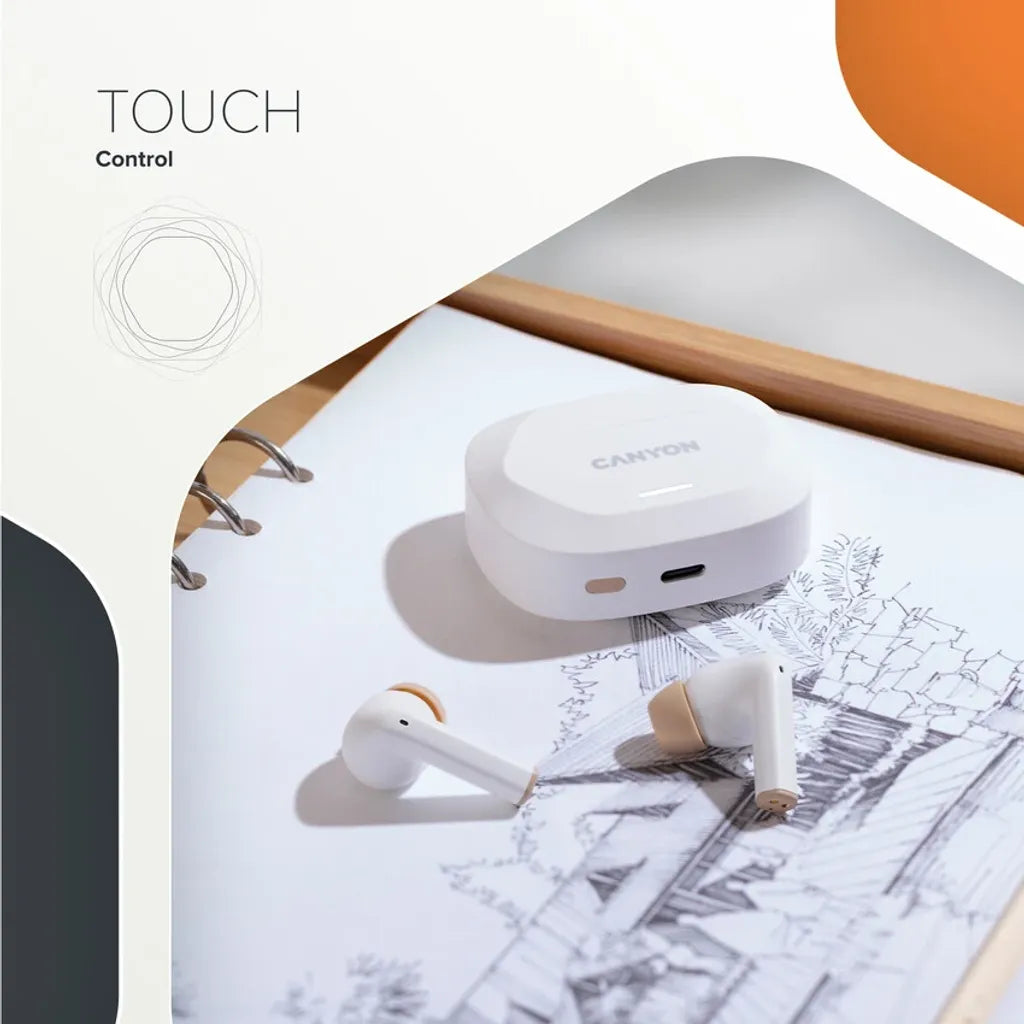 CANYON Hexagon 7 TWS bezvadu austiņas, ANC, Bluetooth 5.4, 27 h, baltas/bēšas
