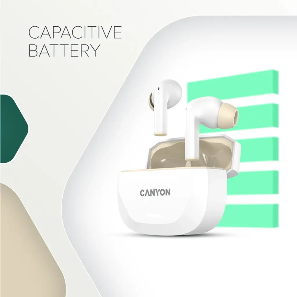 CANYON Hexagon 7 TWS bezvadu austiņas, ANC, Bluetooth 5.4, 27 h, baltas/bēšas