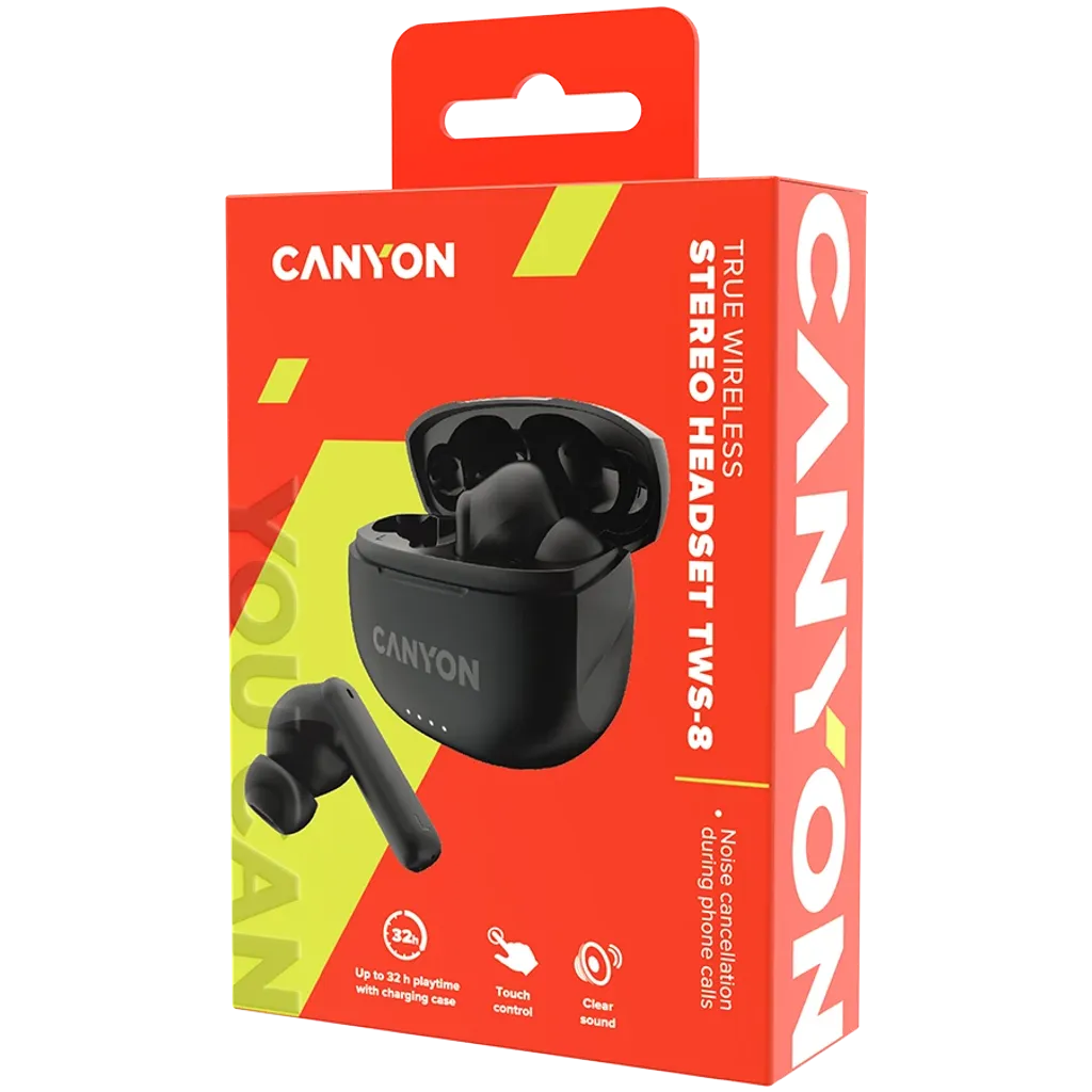 CANYON OnGo-8 TWS bezvadu austiņas, Bluetooth 5.3, ENC, 32 h, melnas