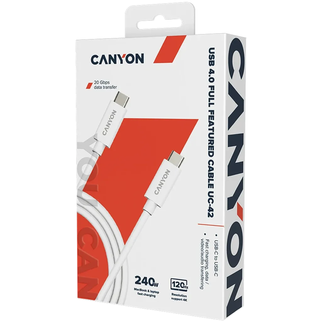 Canyon UC-42 USB-C–USB-C kabelis, 2 m, 240 W, 20 Gbit/s, balts