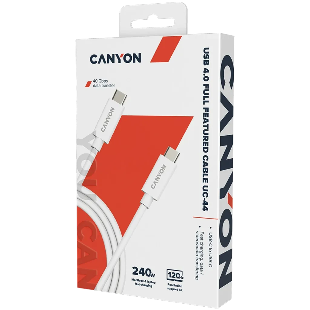 Canyon OnWire 44 USB-C–USB-C kabelis, 1 m, 240 W, balts
