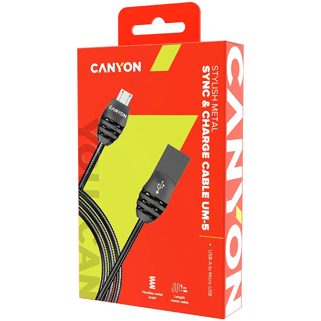 Canyon UM-5 Micro USB–USB-A kabelis, 1 m, 10 W, tumši pelēks
