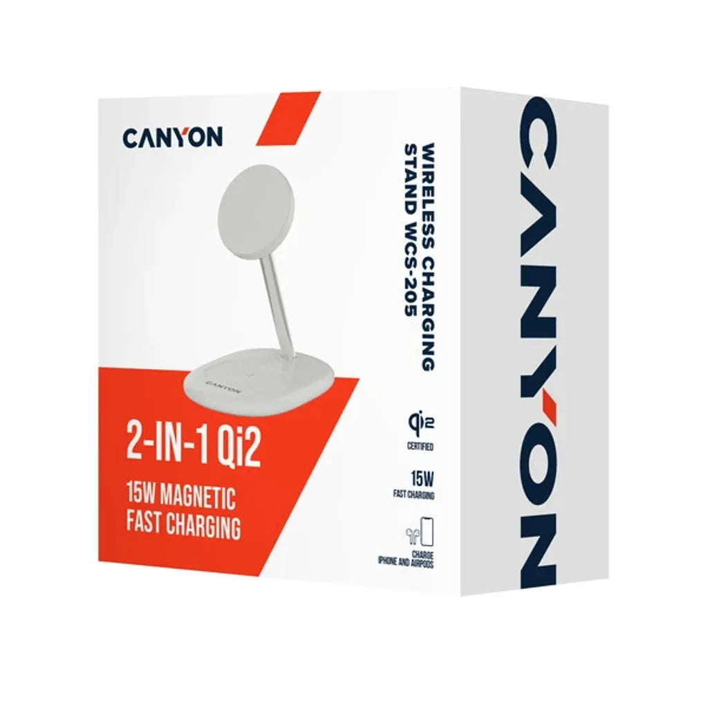 CANYON OnCharge 205 2-in-1 Qi2 magnētiskā uzlādes stacija, 15W, balta