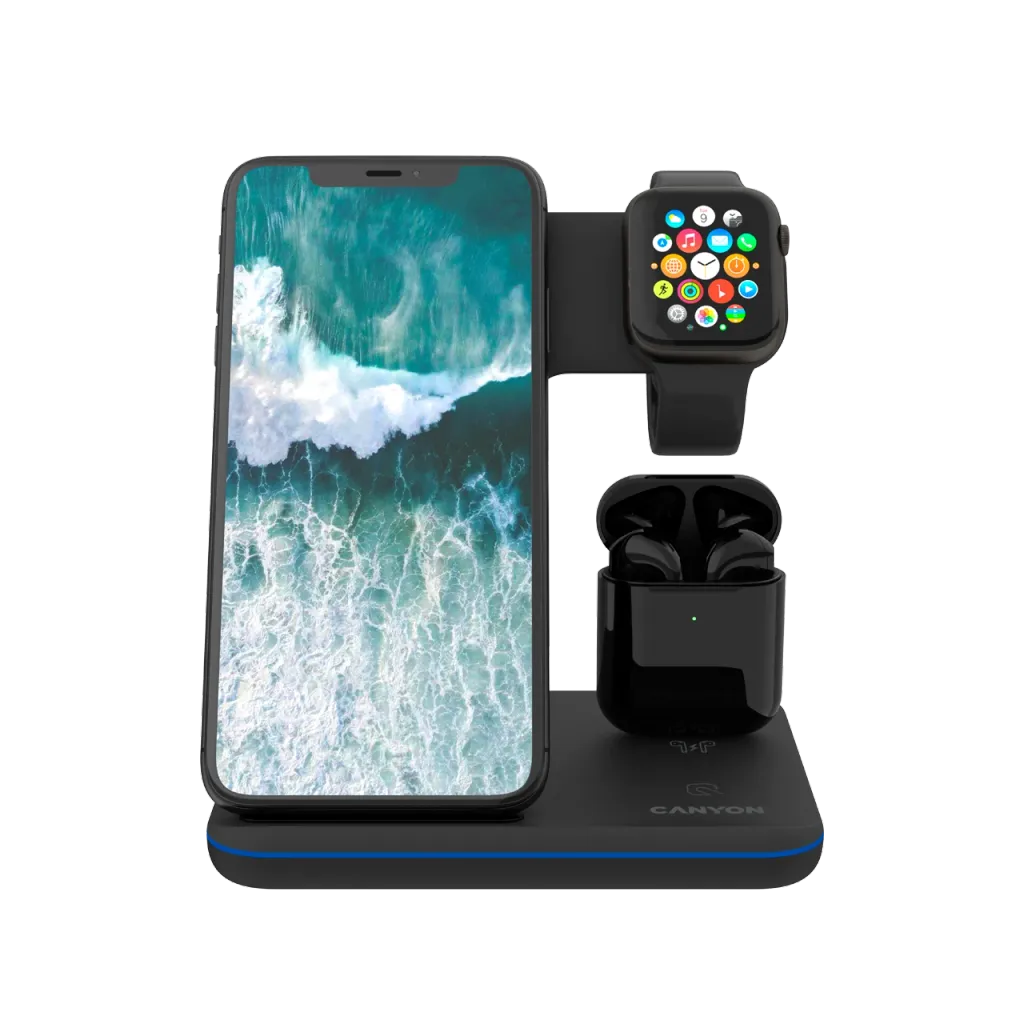 CANYON WS-302 3-in-1 Qi bezvadu uzlādes stacija, 15W, melna