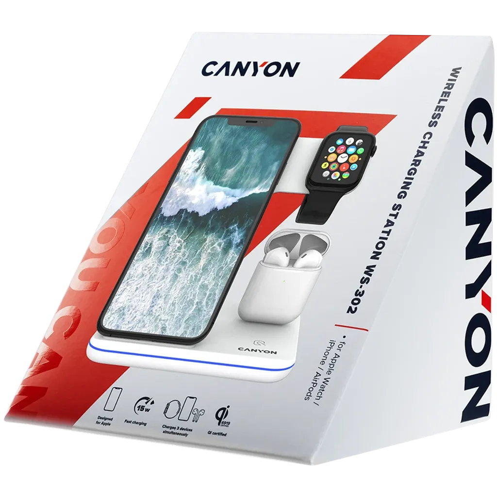 CANYON WS-302 3-in-1 Qi bezvadu uzlādes stacija, 15W, melna