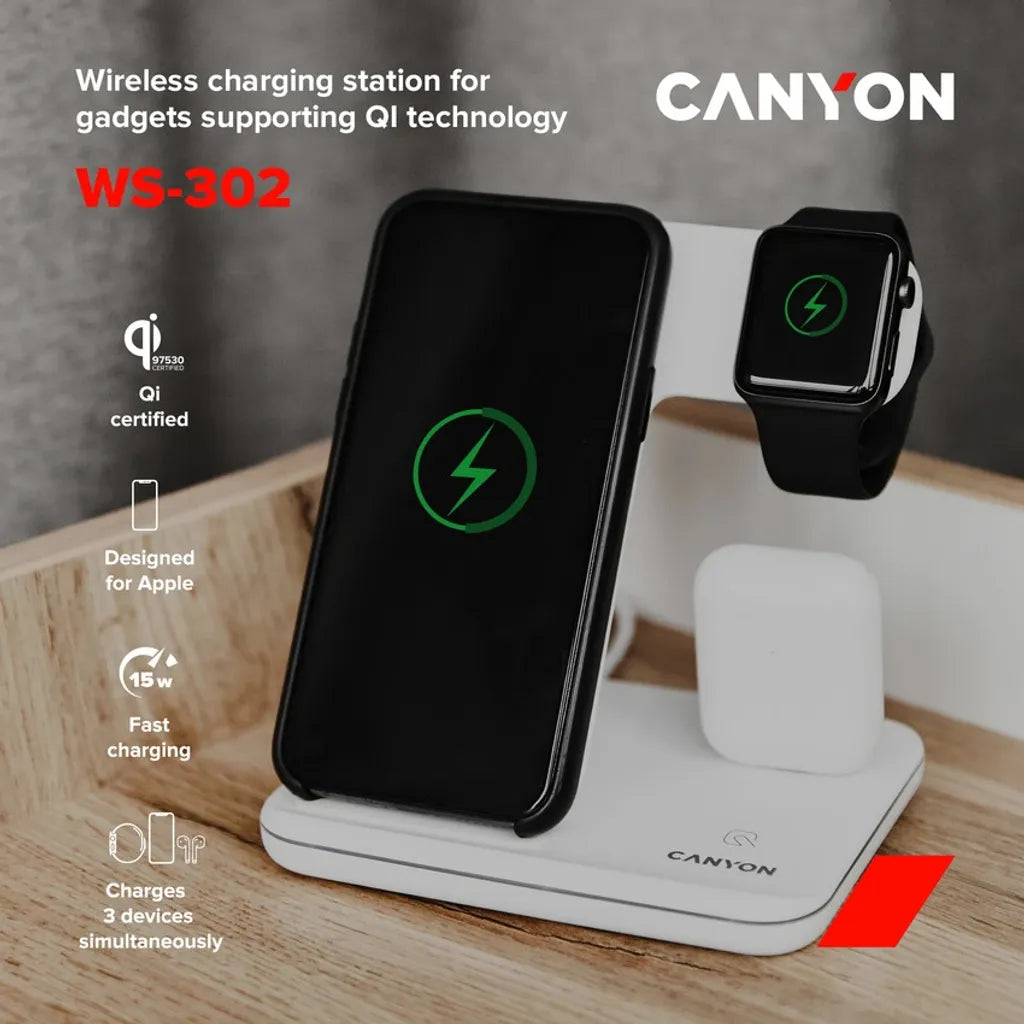 CANYON WS-302 3-in-1 Qi bezvadu uzlādes stacija, 15W, melna