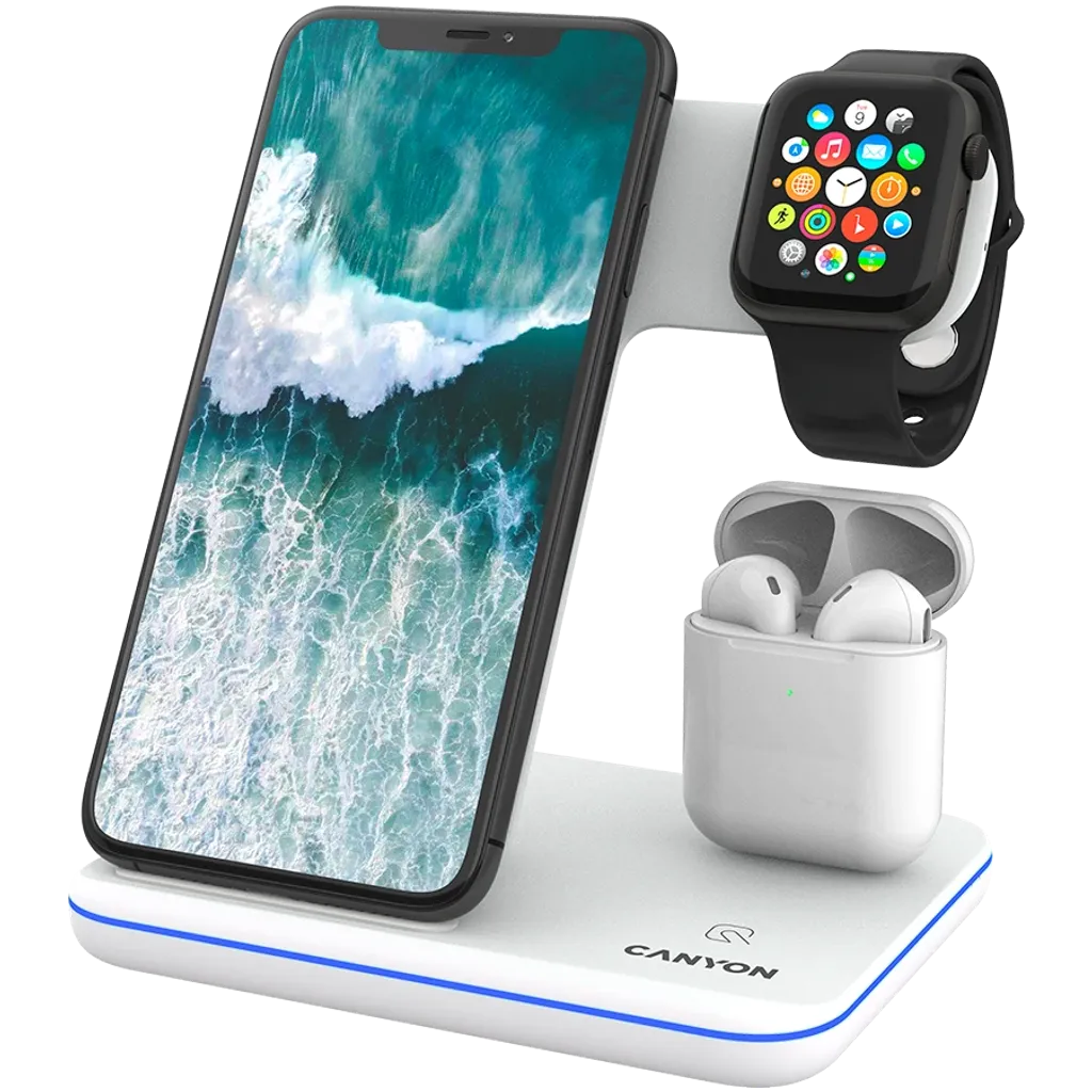 CANYON WS-302 3-in-1 Qi bezvadu uzlādes stacija, 15W, balta