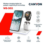 CANYON WS-302 3-in-1 Qi bezvadu uzlādes stacija, 15W, balta