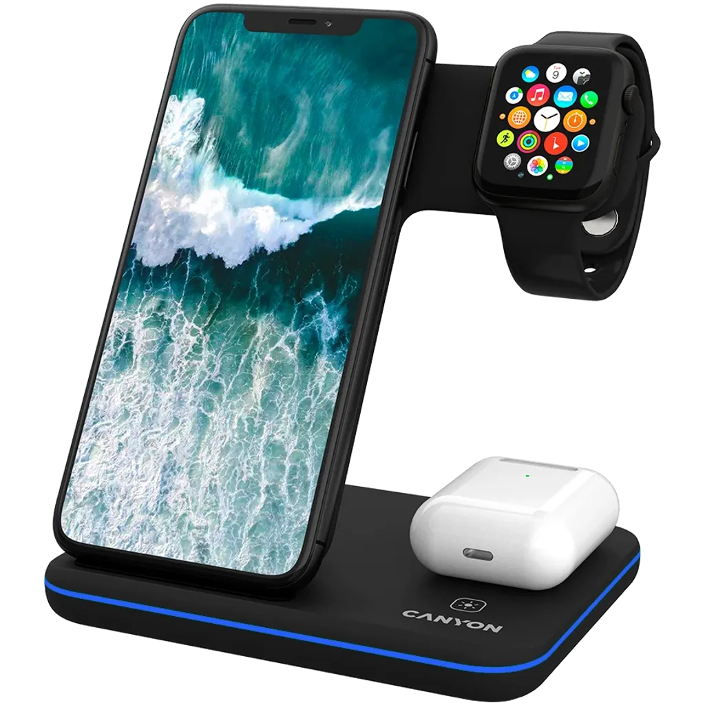 CANYON WS-303 3-in-1 Qi bezvadu uzlādes stacija, 15W, melna