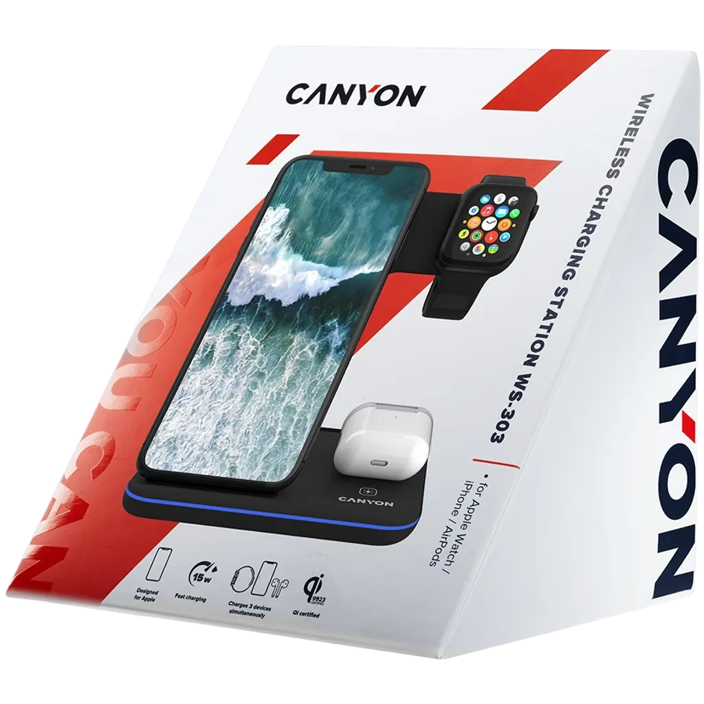 CANYON WS-303 3-in-1 Qi bezvadu uzlādes stacija, 15W, melna