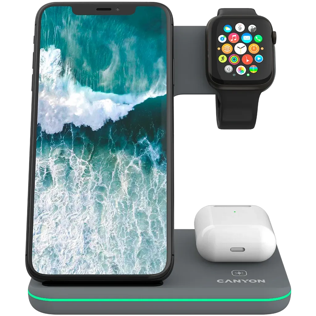CANYON WS-303 3-in-1 Qi bezvadu uzlādes stacija, 15W, tumši pelēka