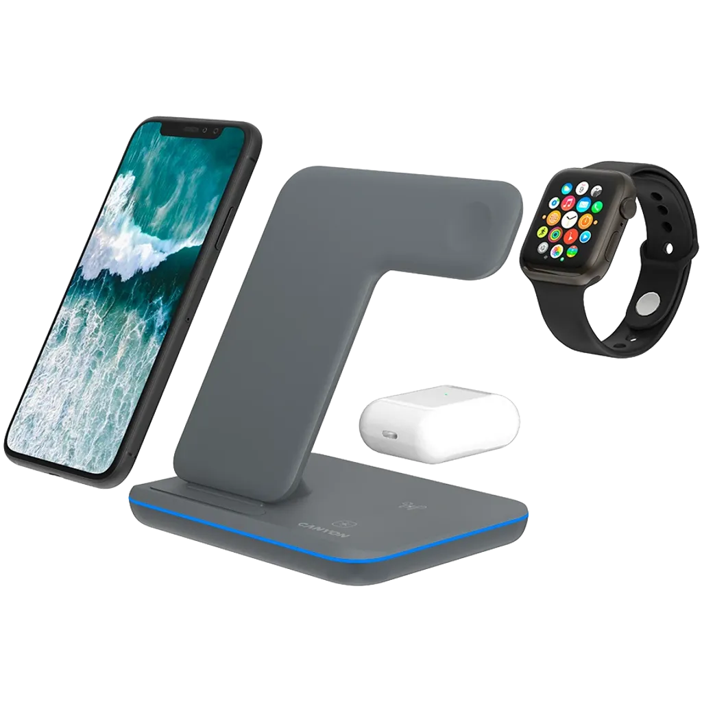 CANYON WS-303 3-in-1 Qi bezvadu uzlādes stacija, 15W, tumši pelēka
