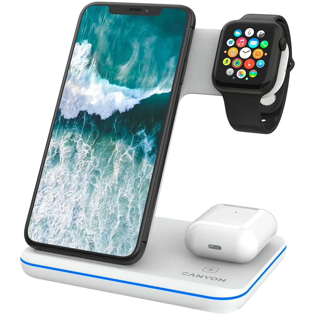 CANYON WS-303 3-in-1 Qi bezvadu uzlādes stacija, 15W, balta