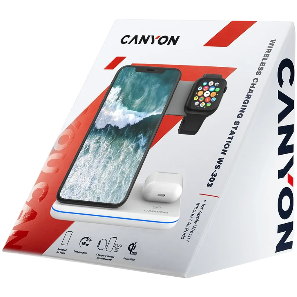 CANYON WS-303 3-in-1 Qi bezvadu uzlādes stacija, 15W, balta