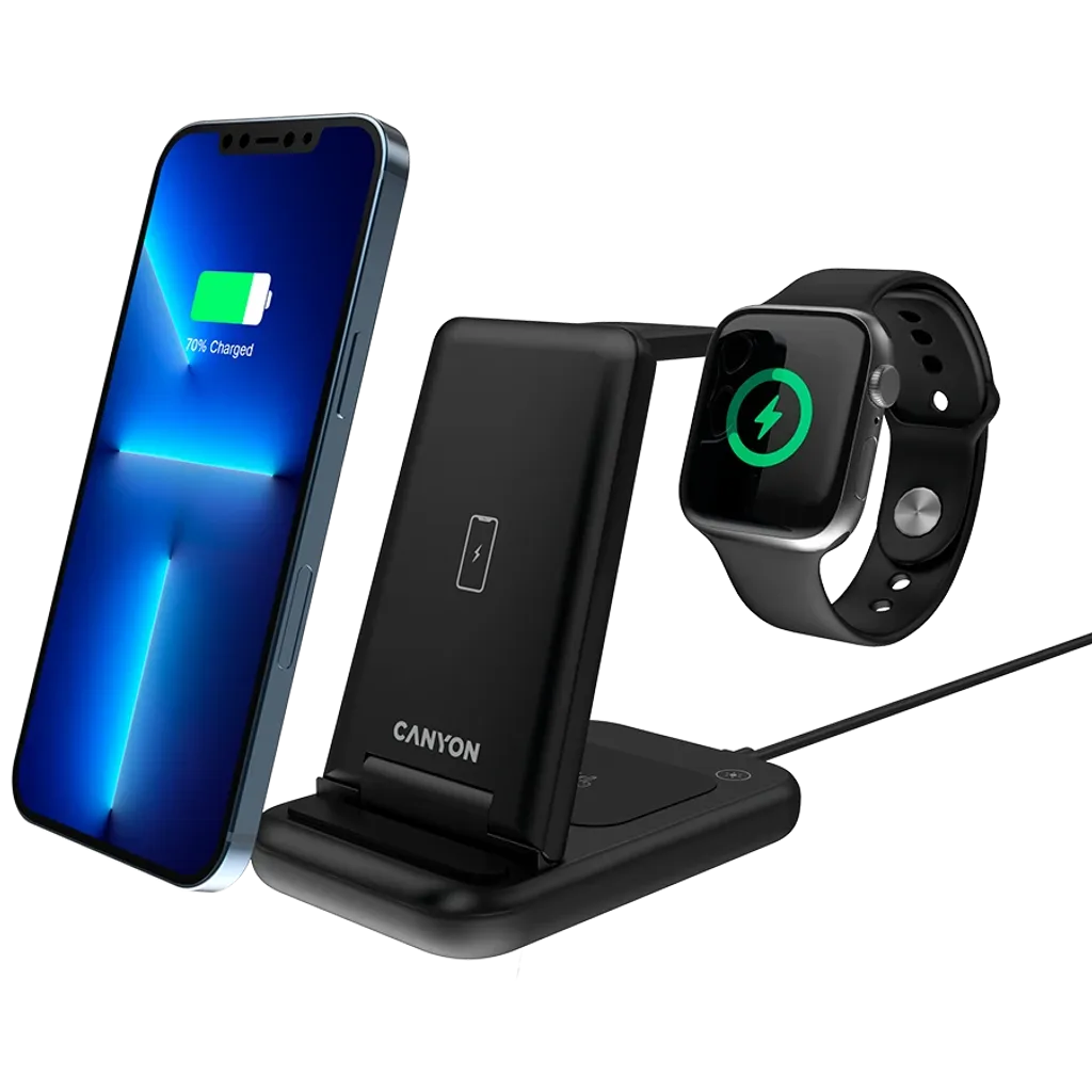 CANYON WS-304 3-in-1 Qi salokāma bezvadu uzlādes stacija, 15W, melna