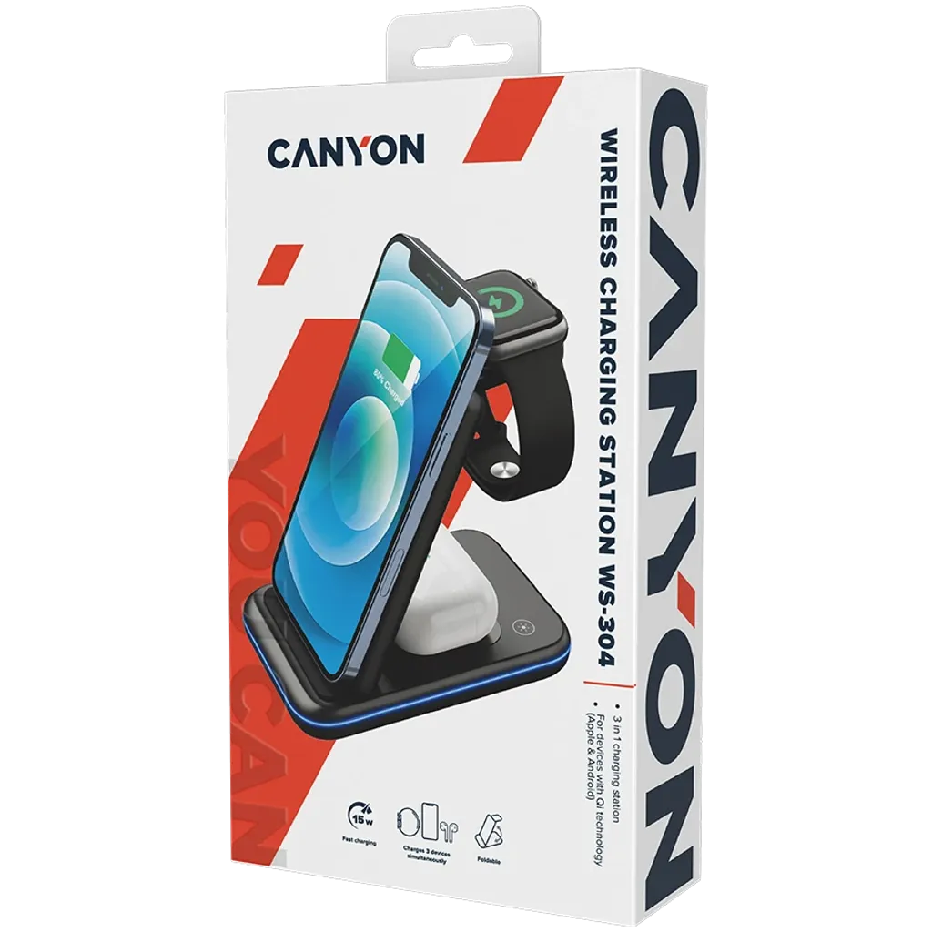 CANYON WS-304 3-in-1 Qi salokāma bezvadu uzlādes stacija, 15W, melna