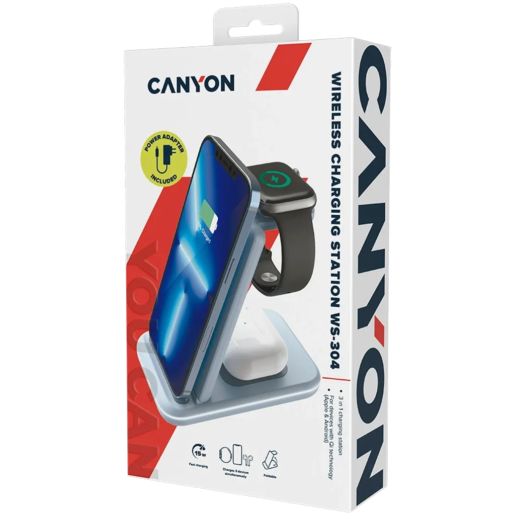 CANYON WS-304 3-in-1 Qi salokāma bezvadu uzlādes stacija, 15W, zila