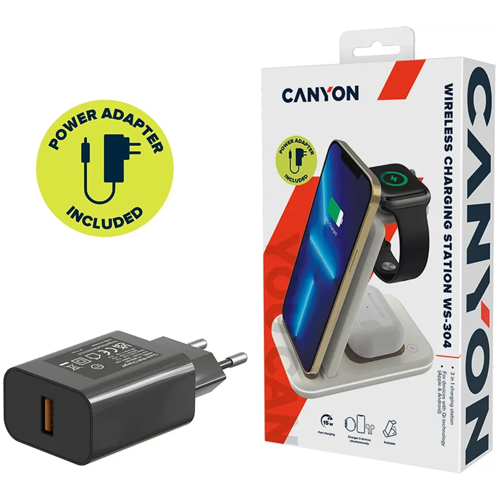 CANYON WS-304 3-in-1 Qi salokāma bezvadu uzlādes stacija, 15W, krēmkrāsa