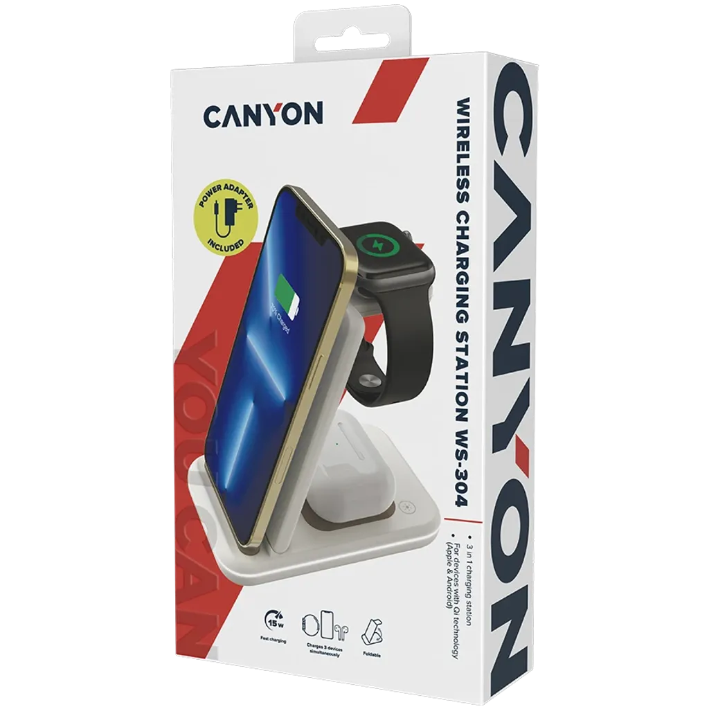 CANYON WS-304 3-in-1 Qi salokāma bezvadu uzlādes stacija, 15W, krēmkrāsa