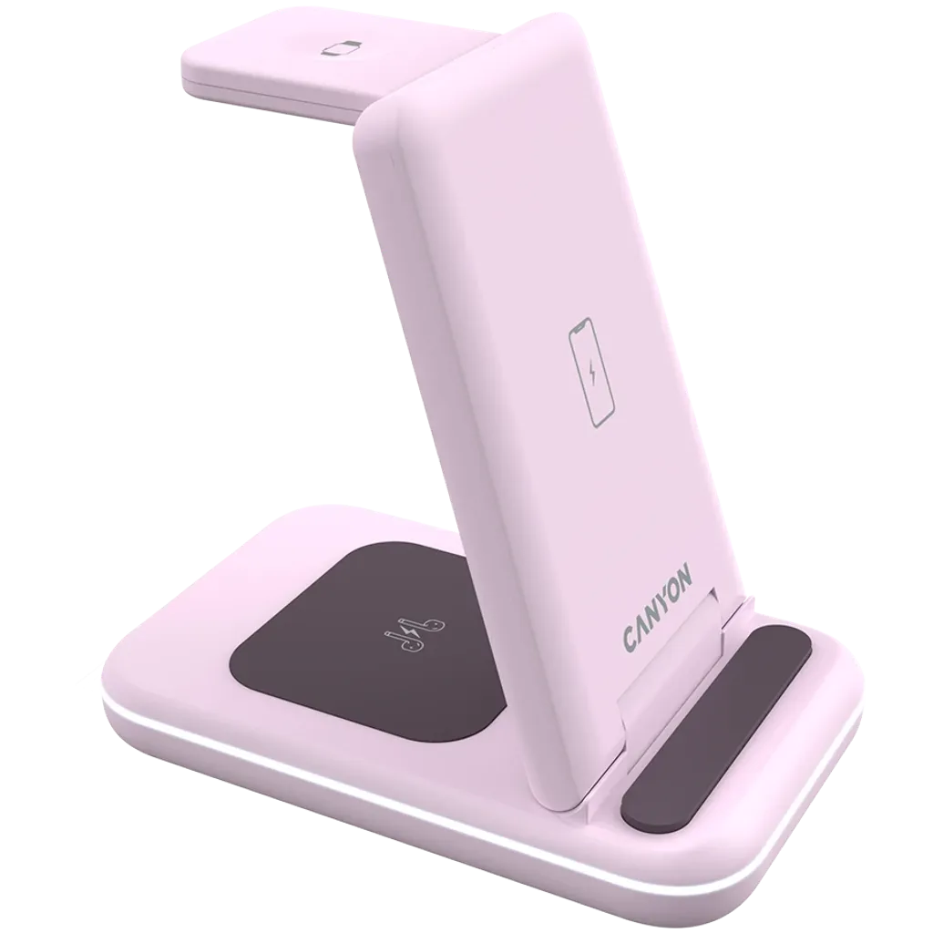 CANYON WS-304 3-in-1 Qi salokāma bezvadu uzlādes stacija, 15W, rozā