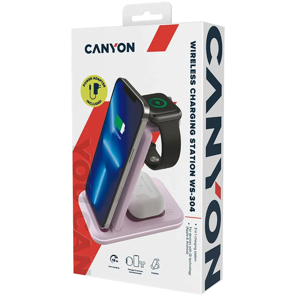 CANYON WS-304 3-in-1 Qi salokāma bezvadu uzlādes stacija, 15W, rozā