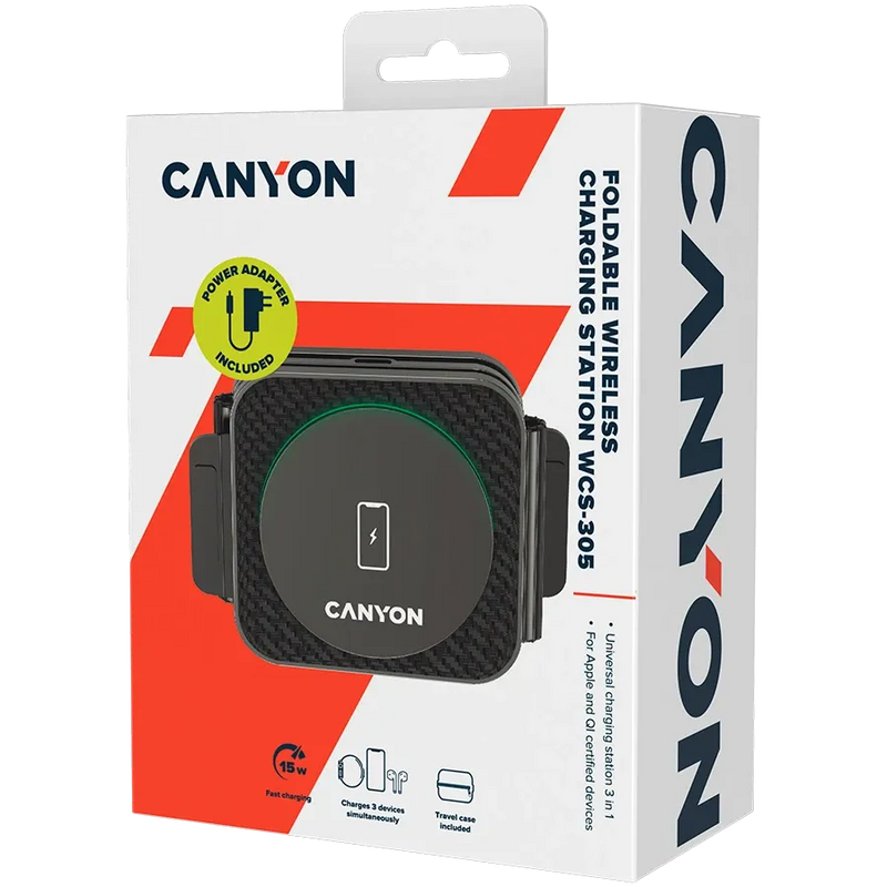 Canyon WS-305 salokāma 3-in-1 bezvadu uzlādes stacija 15 W melna