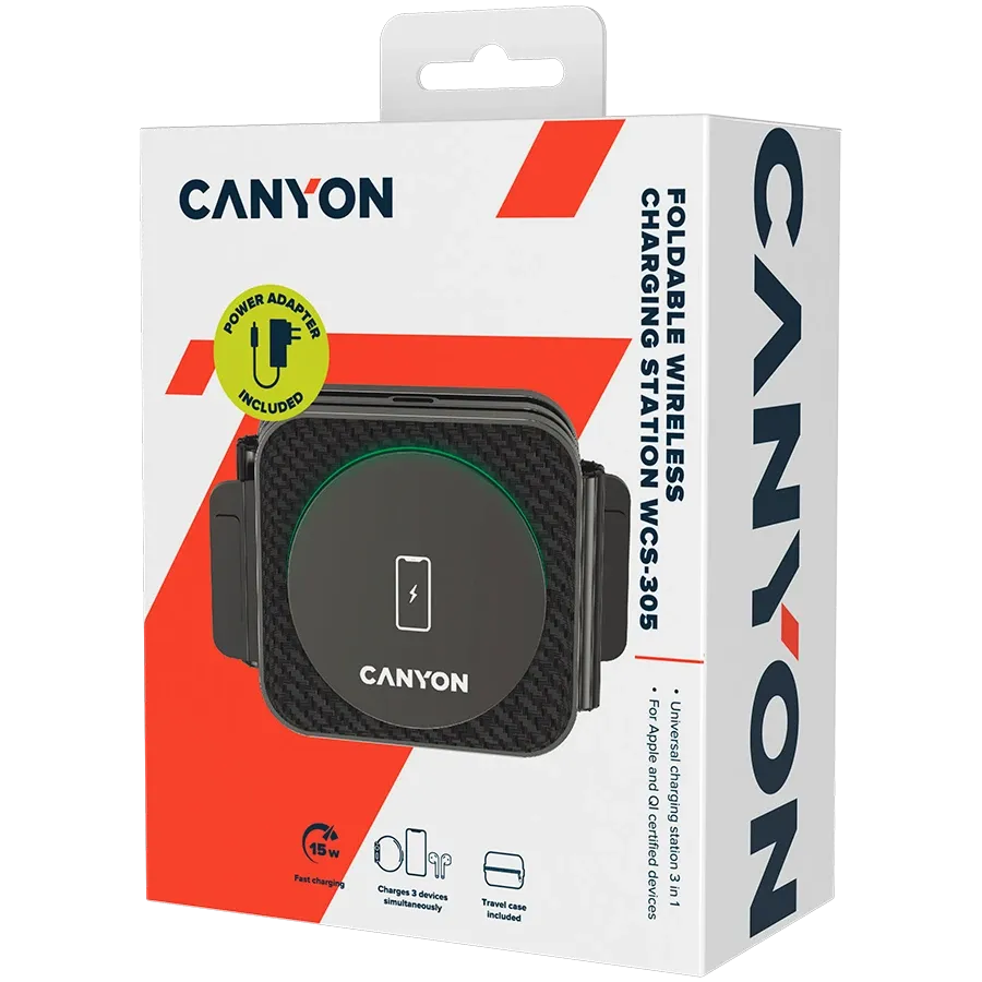 Canyon WS-305 salokāma 3-in-1 bezvadu uzlādes stacija 15 W melna