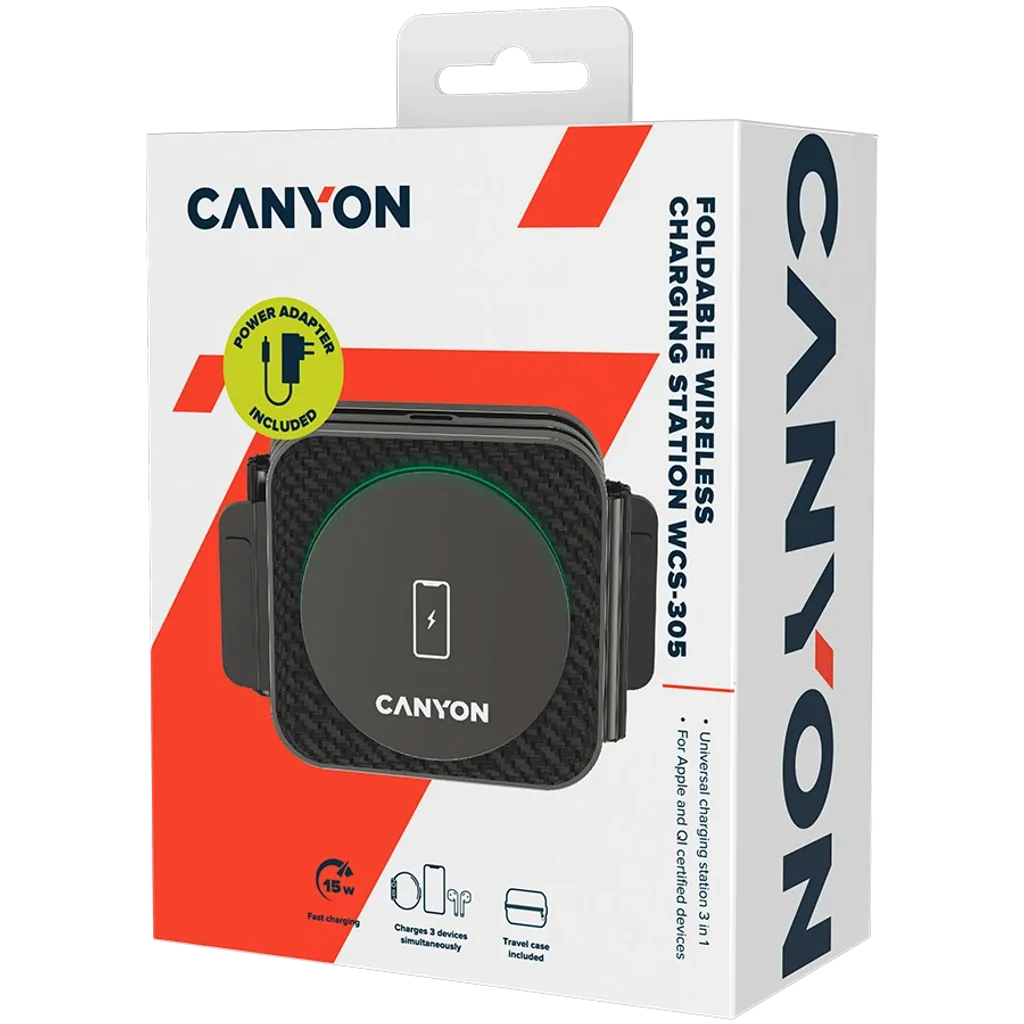 CANYON WS-305 3-in-1 Qi salokāma bezvadu uzlādes stacija, 15W, melna