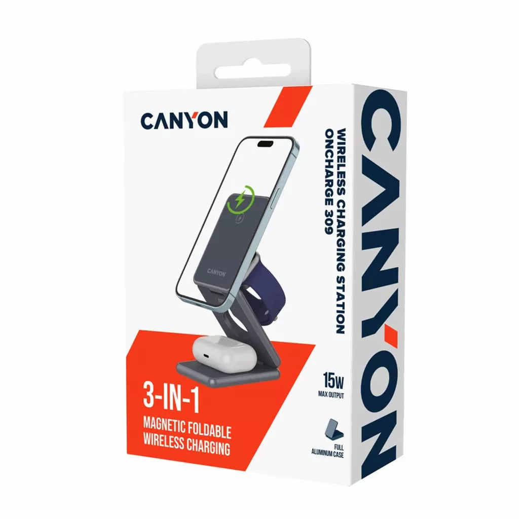 CANYON salokāmais bezvadu lādētājs OnCharge 309 15W 3in1, metāla
