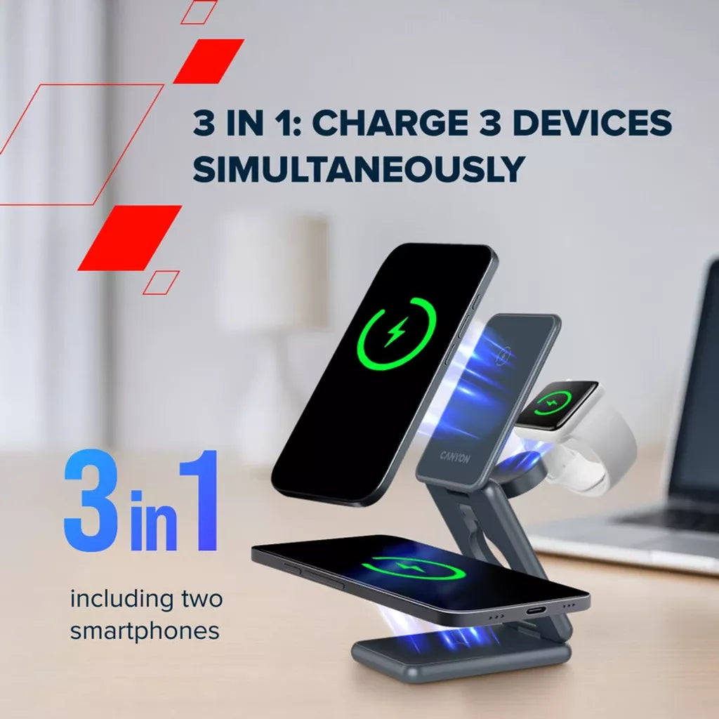CANYON salokāmais bezvadu lādētājs OnCharge 309 15W 3in1, metāla