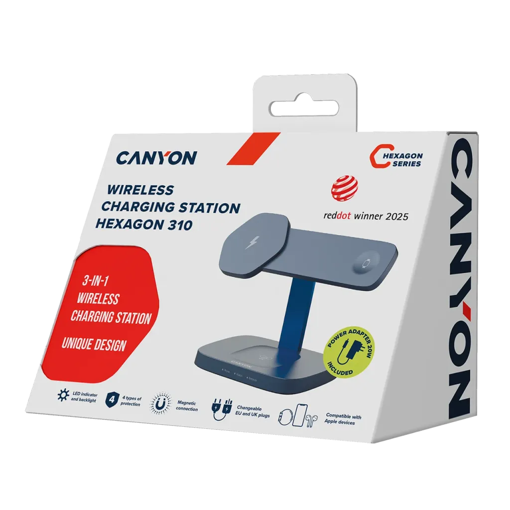 CANYON Hexagon WCS-310 3-in-1 Qi magnētiskā uzlādes stacija, 15W, zila/pelēka