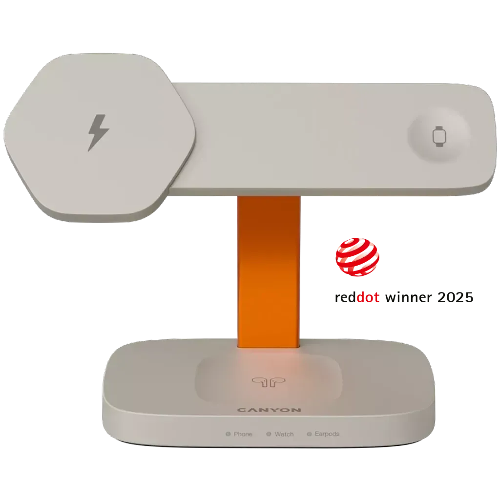 CANYON Hexagon WCS-310 3-in-1 Qi magnētiskā uzlādes stacija, 15W, pelēka/oranža