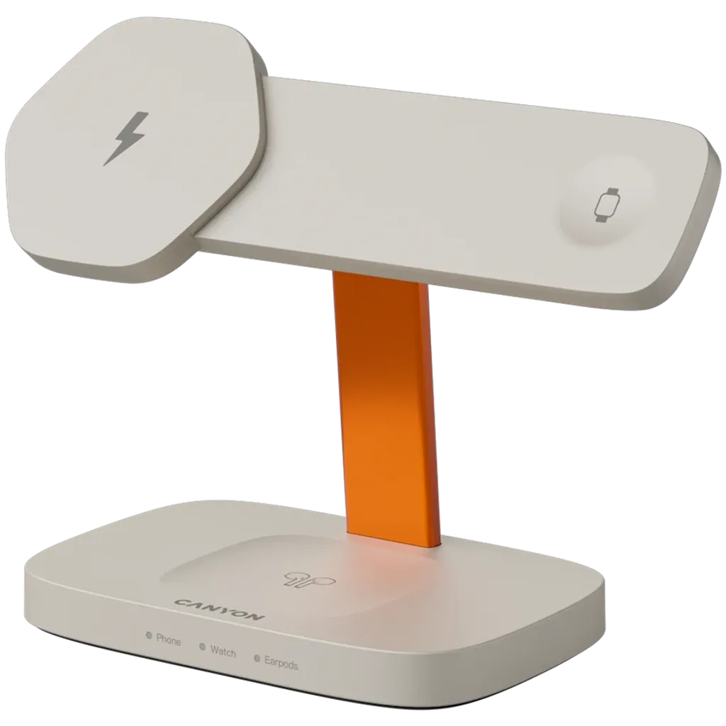 CANYON Hexagon WCS-310 3-in-1 Qi magnētiskā uzlādes stacija, 15W, pelēka/oranža