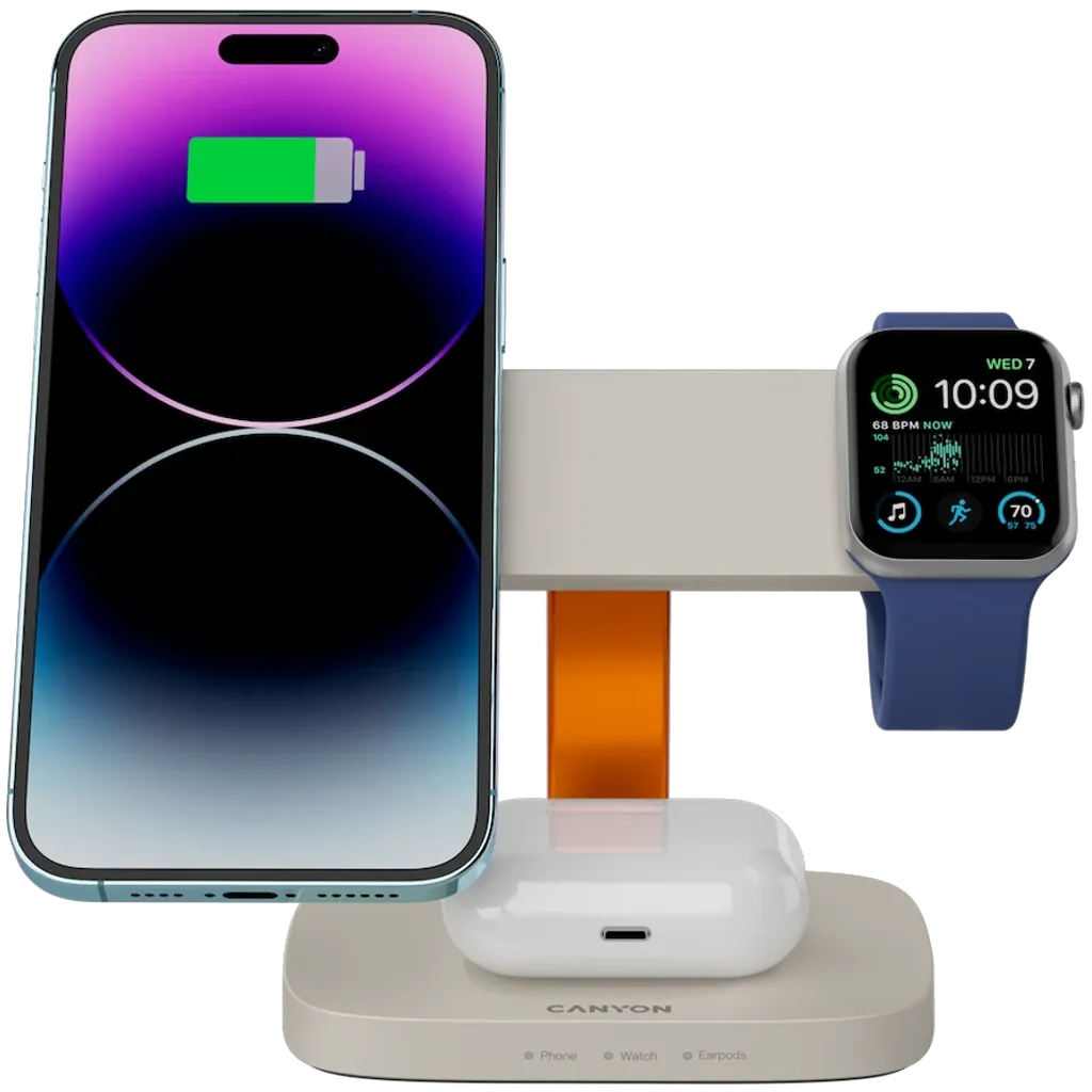 CANYON Hexagon WCS-310 3-in-1 Qi magnētiskā uzlādes stacija, 15W, pelēka/oranža