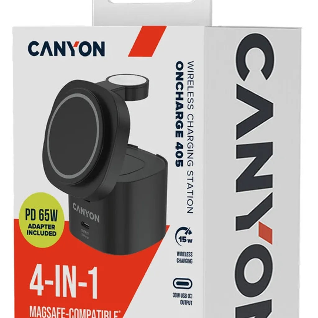 CANYON OnCharge 405 4-in-1 Qi2 magnētiskā uzlādes stacija, 15W, melna