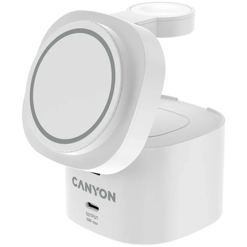 CANYON OnCharge 405 4-in-1 Qi2 magnētiskā uzlādes stacija, 15W, balta