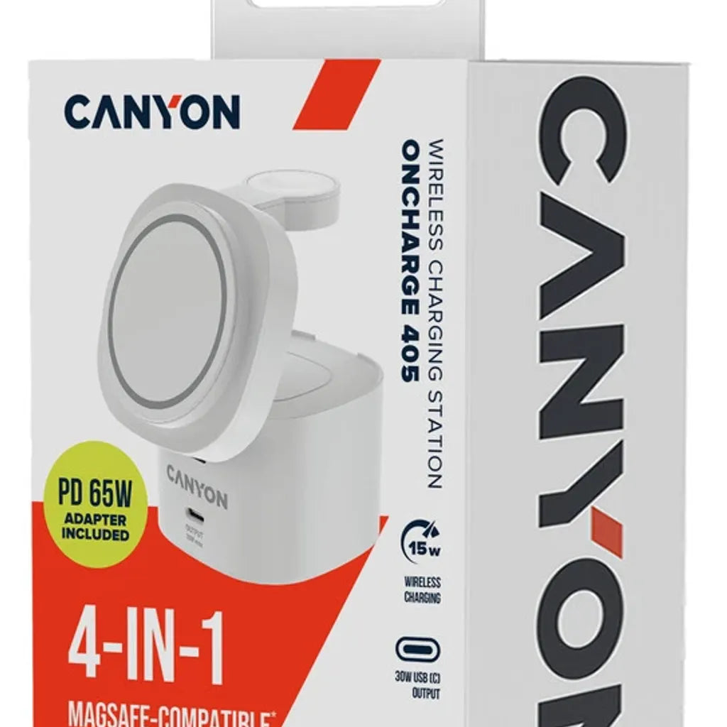 CANYON OnCharge 405 4-in-1 Qi2 magnētiskā uzlādes stacija, 15W, balta