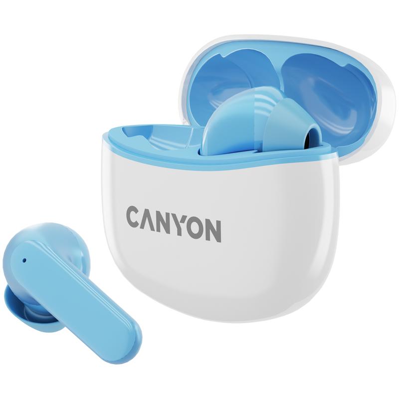 CANYON TWS-5 bezvadu Bluetooth 5.3 stereo austiņas ar iebūvētu mikrofonu un USB-C uzlādes kārbu, zilas