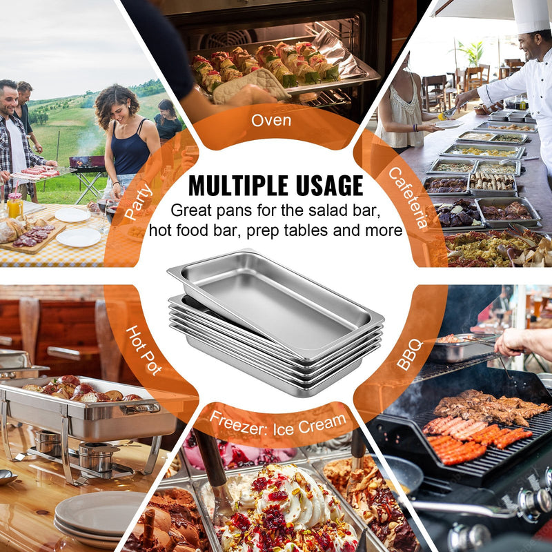 VEVOR 6 gab. Tvaika galda trauki, 8.5 L, nerūsējošais tērauds, 530 x 325 x 66 mm