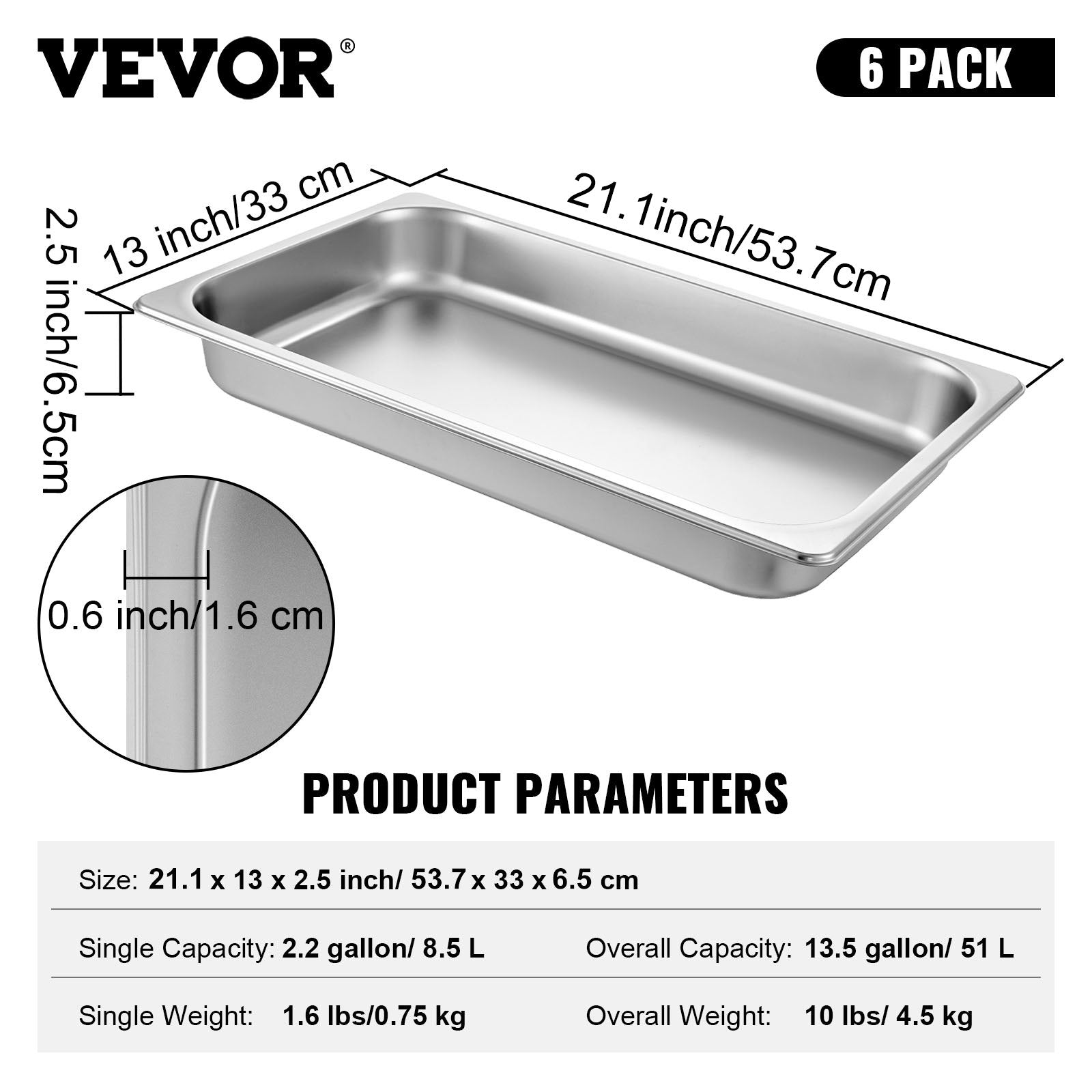 VEVOR 6 gab. Tvaika galda trauki, 8.5 L, nerūsējošais tērauds, 530 x 325 x 66 mm