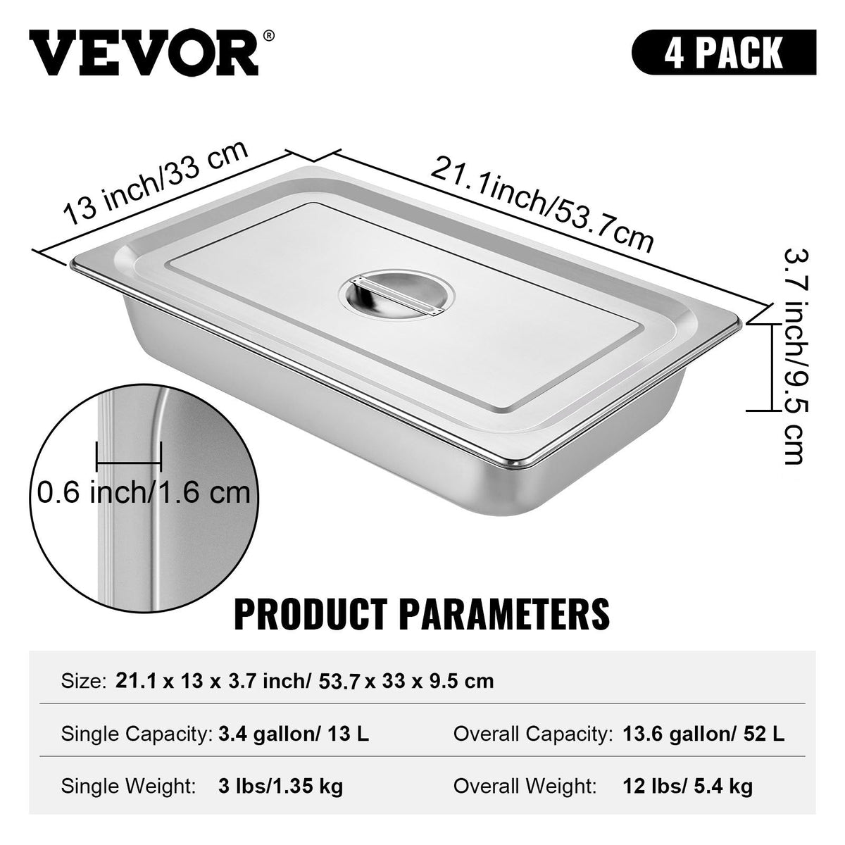 VEVOR 4 Gabalu Tvaika Galda Pannas, 53 x 32,5 x 10 cm, 13L, Nerūsējošā Tērauda