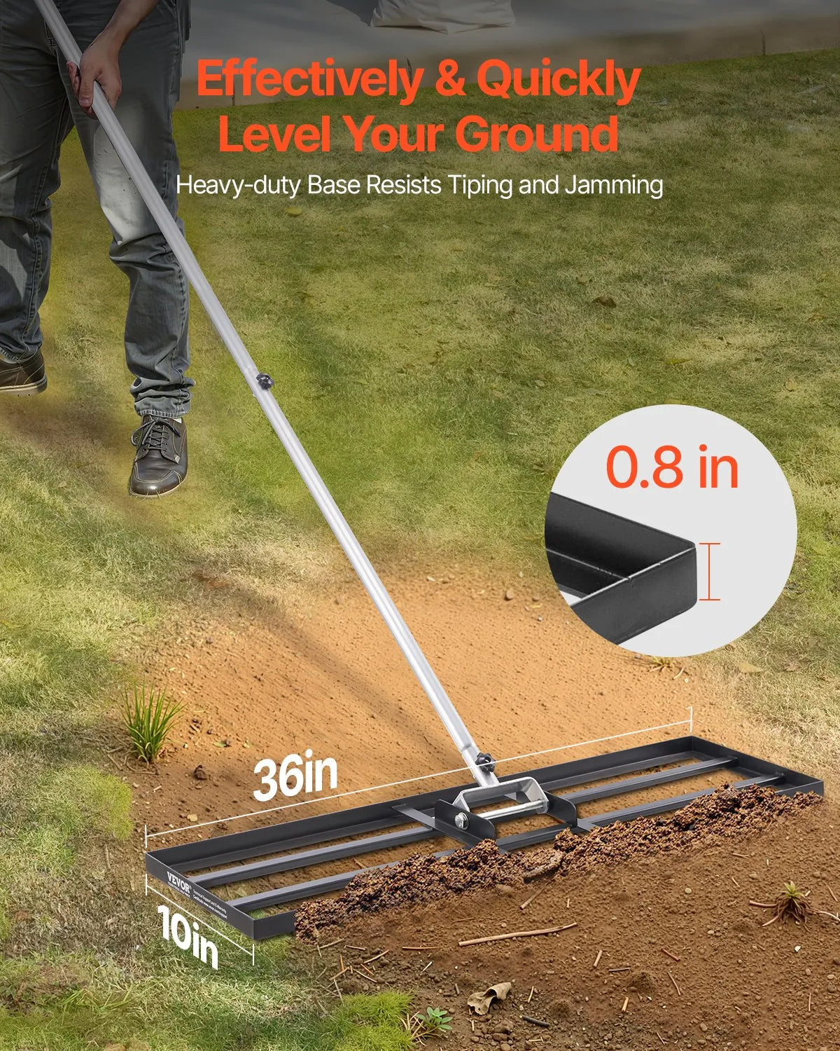 VEVOR zāliena līdzināšanas grābeklis ar 213 cm rokturi, 91,4 × 25,4 cm zemes plāksni, rūsas izturīgs oglekļa tērauda augsnes līdzinātājs ar 3 regulējamiem augstumiem, zāliena līdzināšanas instruments pagalmam un golfa laukumiem