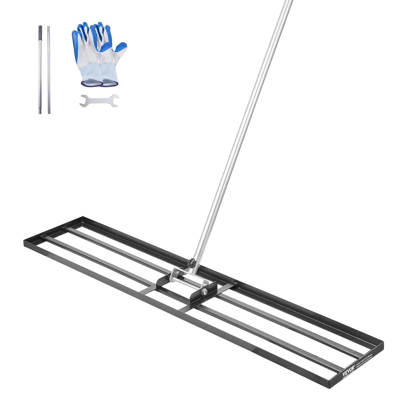 VEVOR zāliena izlīdzināšanas grābeklis ar 213 cm rokturi, 1219 × 254 mm zemes plāksne, pret rūsu noturīgs oglekļa tērauda augsnes izlīdzināšanas instruments ar 2 augstuma regulēšanas līmeņiem, zālienam, pagalmam un golfa laukumiem
