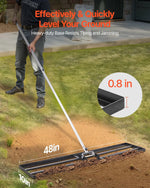 VEVOR zāliena izlīdzināšanas grābeklis ar 213 cm rokturi, 1219 × 254 mm zemes plāksne, pret rūsu noturīgs oglekļa tērauda augsnes izlīdzināšanas instruments ar 2 augstuma regulēšanas līmeņiem, zālienam, pagalmam un golfa laukumiem